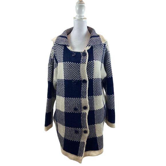 JOA Los Angeles Plaid Wool Blend Cardigan Sweater Ladies Navy Ivory Size Medium - Picture 7 of 12